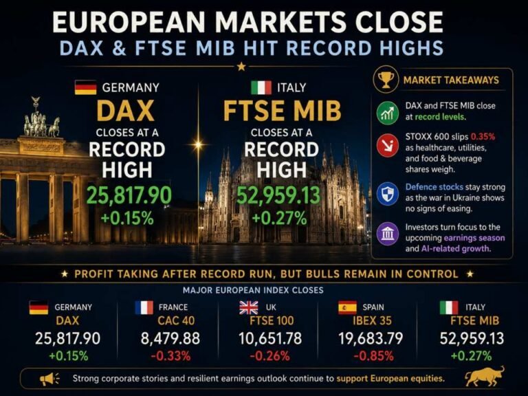 German Dax/Italy FTSE MIB close at a new records, but other indices close lower.